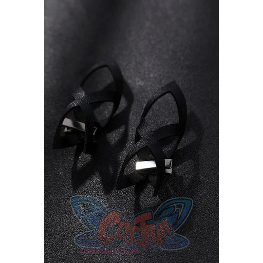 Genshin Impact Sandrone cosplay costume matte black open frame and cross design cuffs with silver back clips.