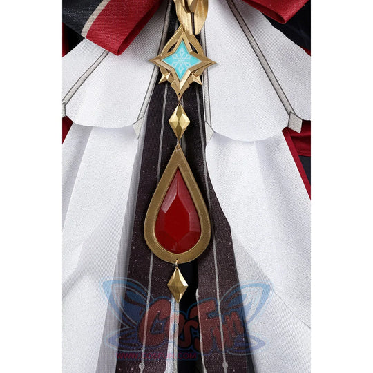 Genshin Impact Sandrone cosplay costume details a gold star with turquoise inlay and red tear-drop pendant.