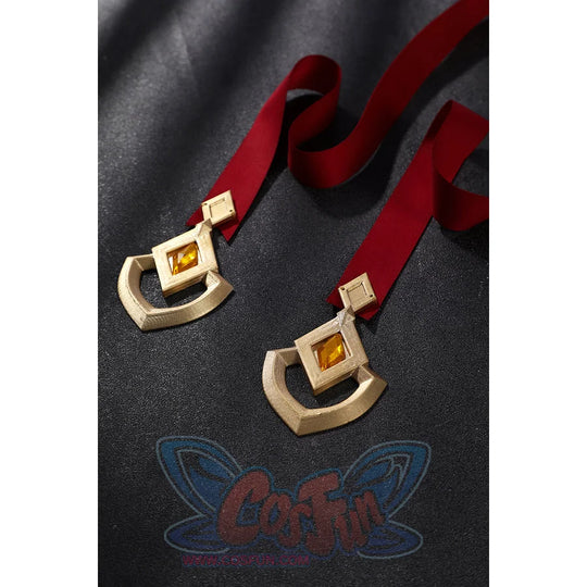 Genshin Impact Sandrone cosplay costume details include two gold-colored metal pendants on dark red velvet ribbons.