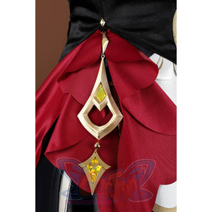 Genshin Impact Sandrone cosplay costume details a gold teardrop dangle with green and yellow gems over red ruffled fabric.