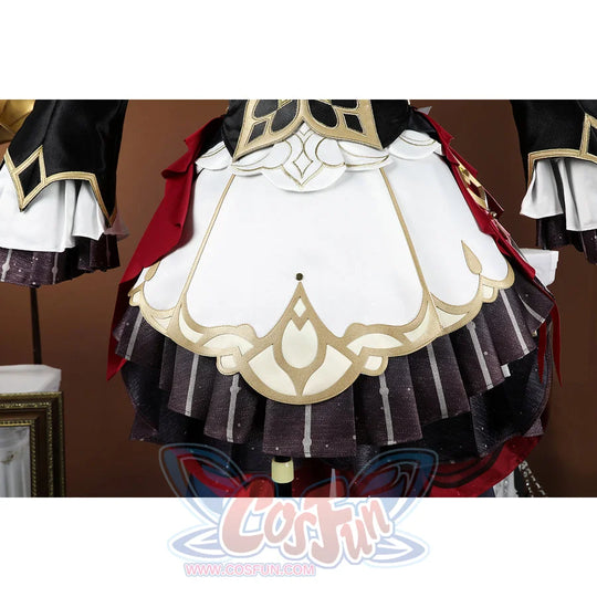 Genshin Impact Sandrone cosplay costume has a dark ruffled skirt under a white gold-trimmed apron.