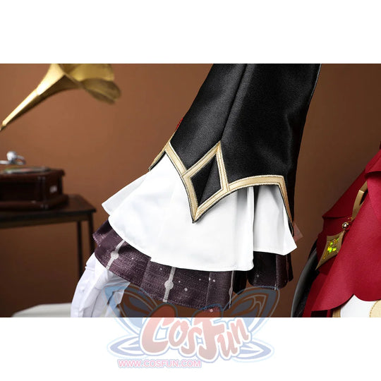 Genshin Impact Sandrone cosplay costume has layered sleeves with gold-trimmed black satin and white frills.