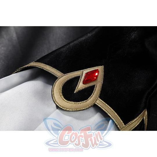 Genshin Impact Sandrone cosplay costume has a black satin cuff with gold trim and a prominent red gem.