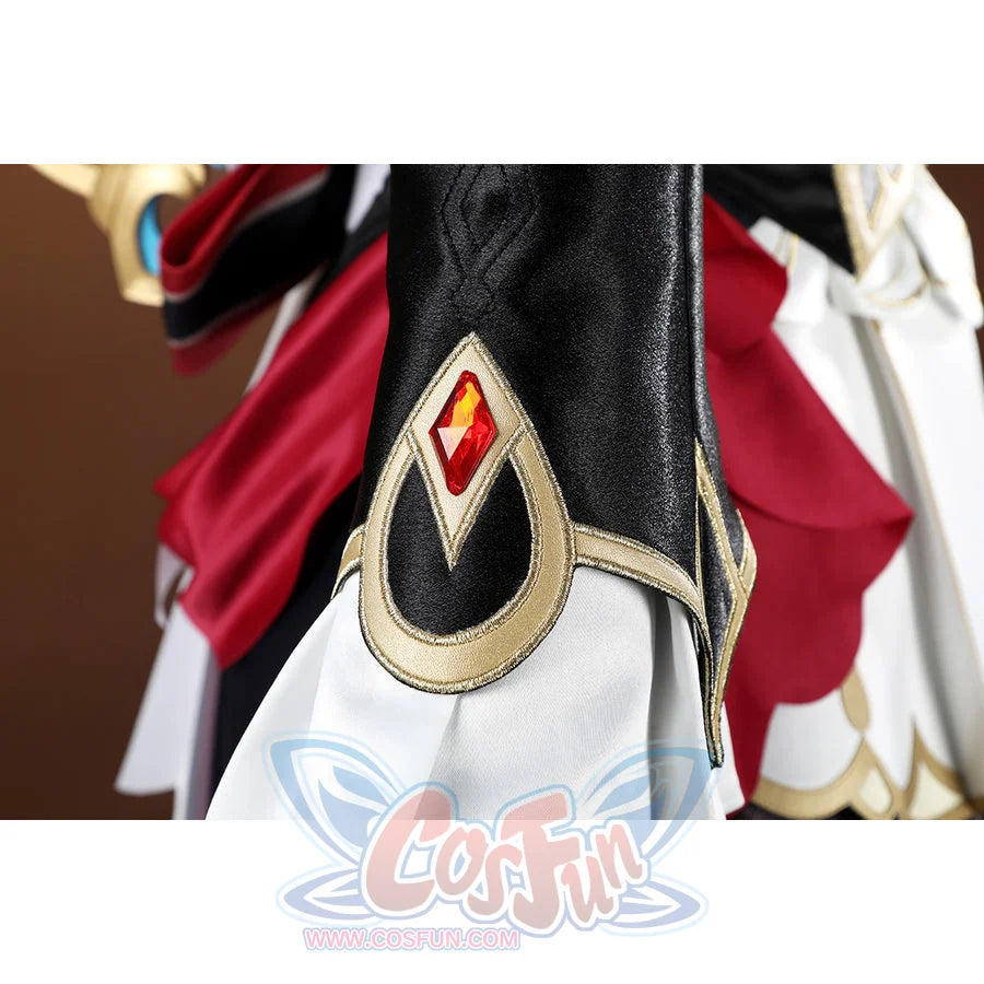 Genshin Impact Sandrone cosplay costume sleeve with a red teardrop gem, gold trim, and black fabric.