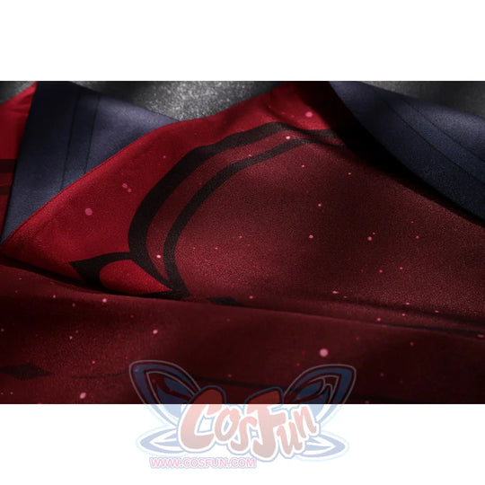 Genshin Impact Sandrone cosplay costume maroon fabric with black patterns and tiny pink specks anchors the sleeve.