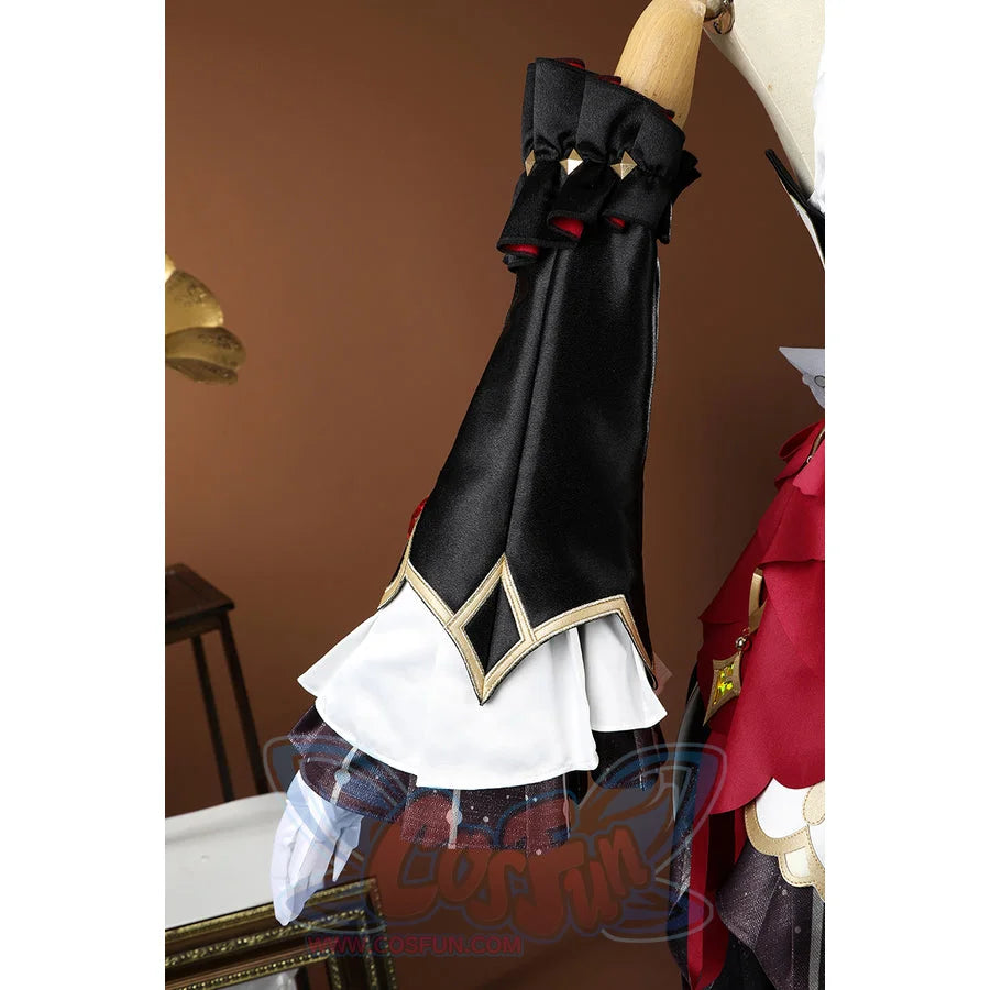 Genshin Impact Sandrone cosplay costume detachable sleeve detail with black fabric, white ruffles, and gold trim.