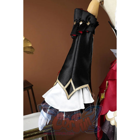 Genshin Impact Sandrone cosplay costume detachable sleeve detail with black fabric, white ruffles, and gold trim.
