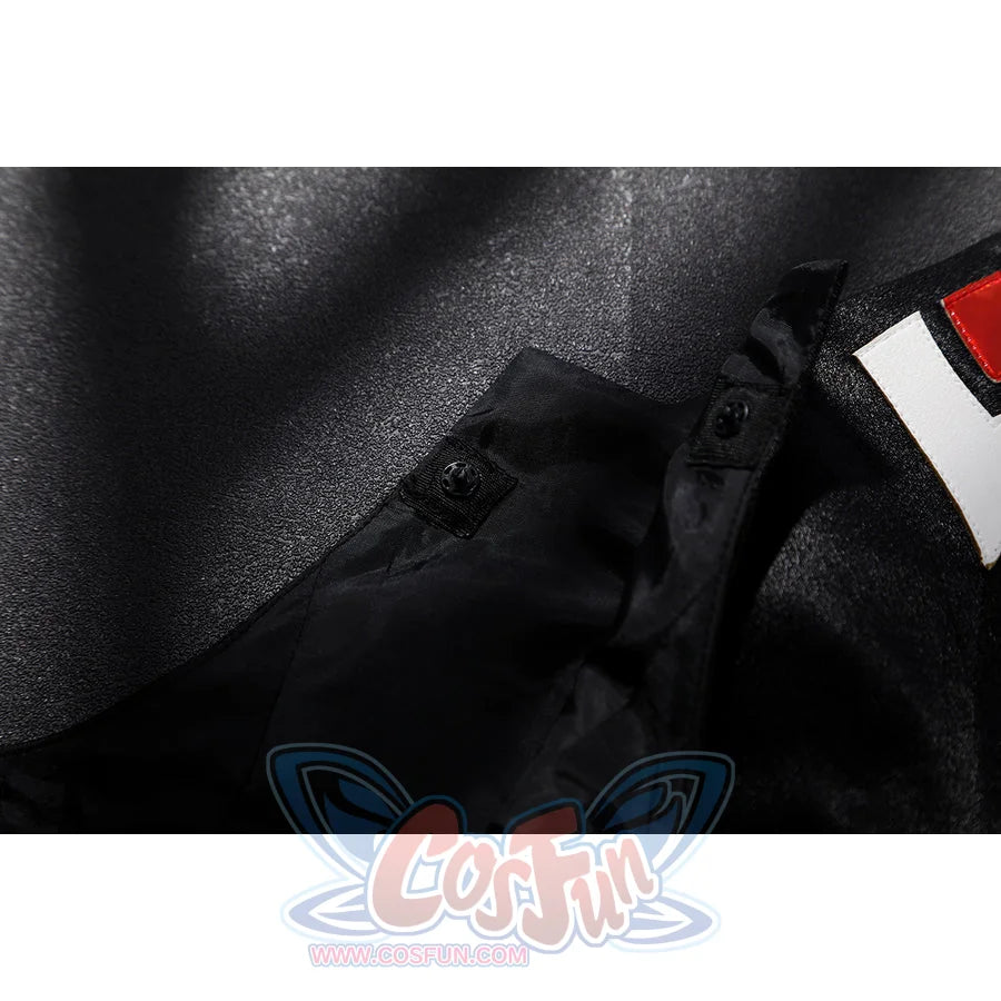 Genshin Impact Sandrone cosplay costume details a snap button closure on a textured black faux leather section.