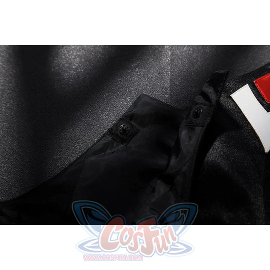 Genshin Impact Sandrone cosplay costume details a snap button closure on a textured black faux leather section.