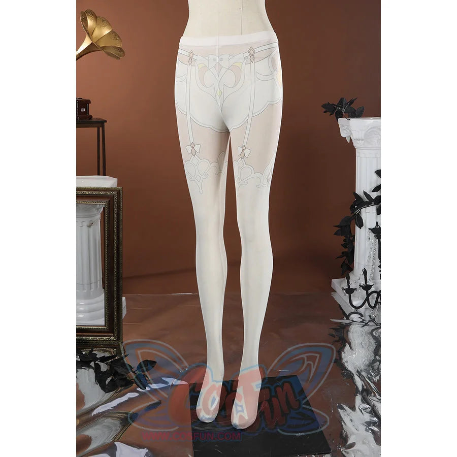 Genshin Impact Sandrone cosplay costume white tights with light gold and brown garter belt details.