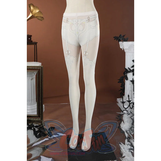 Genshin Impact Sandrone cosplay costume white tights with light gold and brown garter belt details.