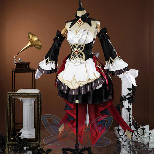Genshin Impact Sandrone cosplay costume with ruffled bell sleeves and long red tails pairs with white gloves.