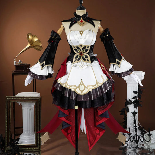 COSFUN Genshin Impact Sandrone cosplay costume with layered skirt, gold trim, and detached sleeves.