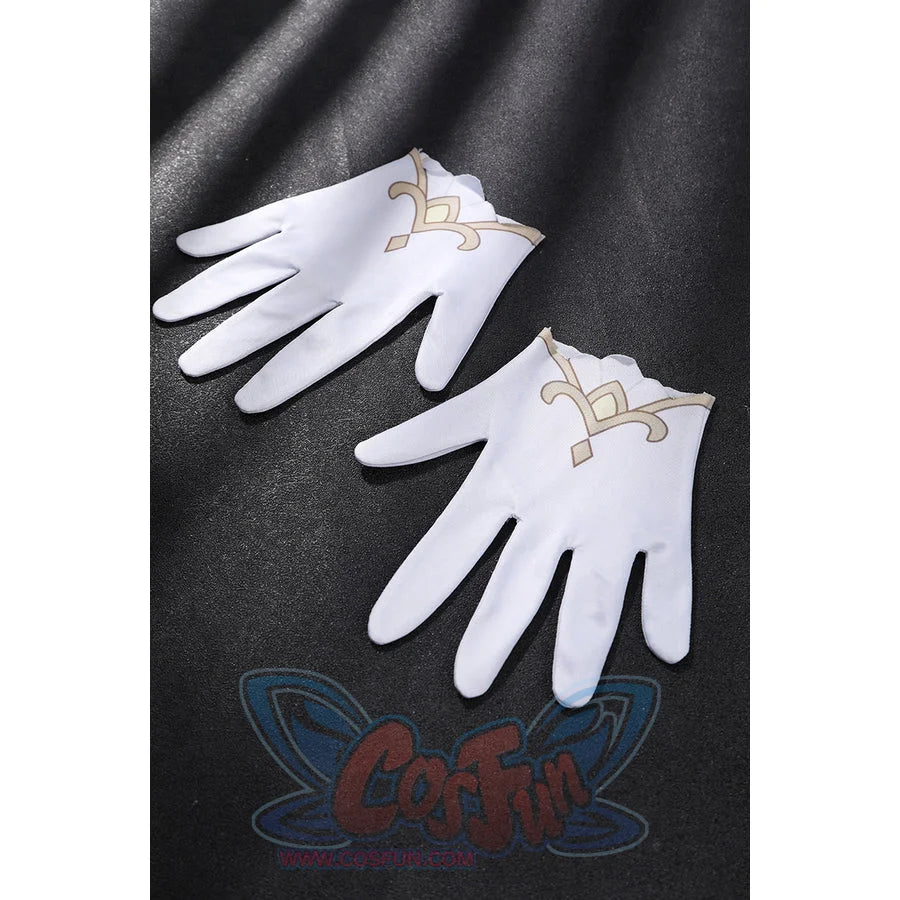 Genshin Impact Sandrone cosplay costume white gloves with intricate gold embroidered cuffs.