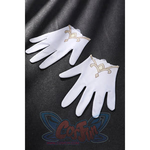 Genshin Impact Sandrone cosplay costume white gloves with intricate gold embroidered cuffs.