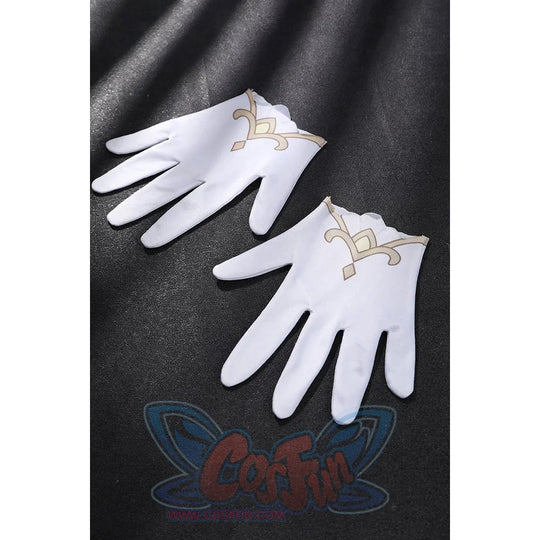 Genshin Impact Sandrone cosplay costume white gloves with intricate gold embroidered cuffs.