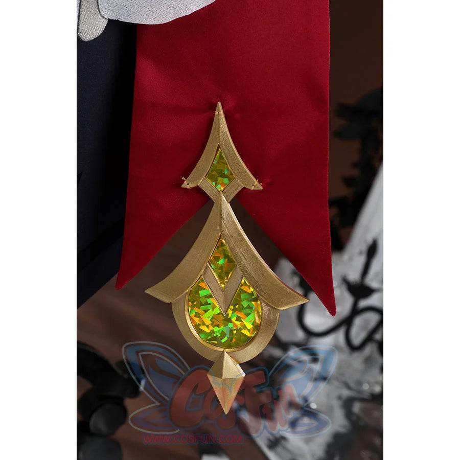 Genshin Impact Sandrone cosplay costume details a gold pointed pendant with green and yellow gems on a red sash.