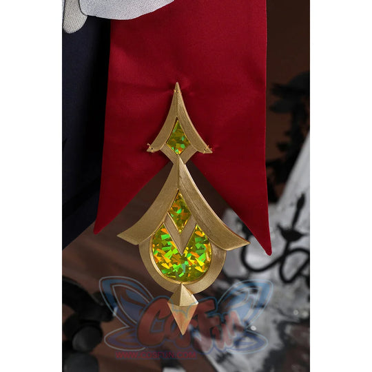 Genshin Impact Sandrone cosplay costume details a gold pointed pendant with green and yellow gems on a red sash.