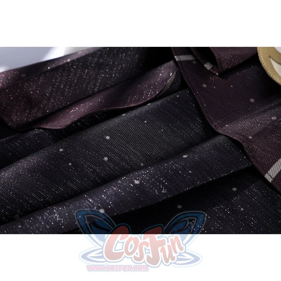 Genshin Impact Sandrone cosplay costume captures pleated dark purple fabric with tiny silver sparkles.