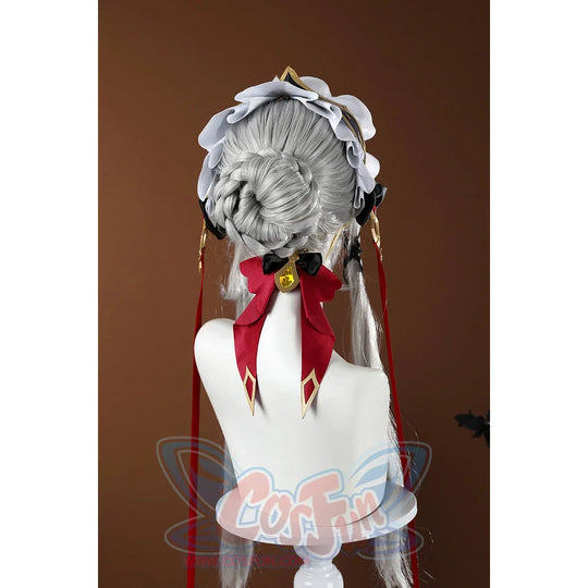Genshin Impact Sandrone cosplay costume wig rear view with a braided bun, headdress, and large red bow.