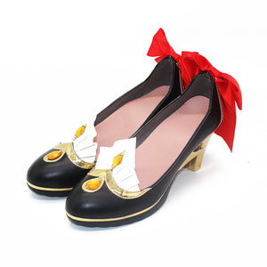 Genshin Impact Marionette Sandrone cosplay shoes centers black matte faux leather pumps with gold-tone trim amber.