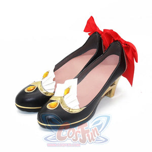 Genshin Impact Marionette Sandrone cosplay shoes centers black matte faux leather pumps with gold-tone trim amber.