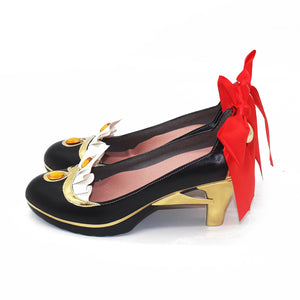 Genshin Impact Marionette Sandrone cosplay shoes centers black matte faux leather pumps with gold-tone heels white.