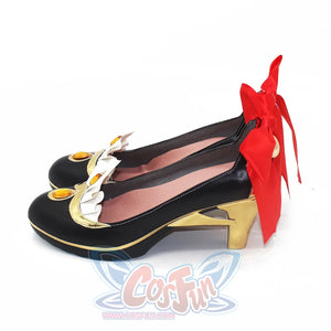 Genshin Impact Marionette Sandrone cosplay shoes centers black matte faux leather pumps with gold-tone heels white.