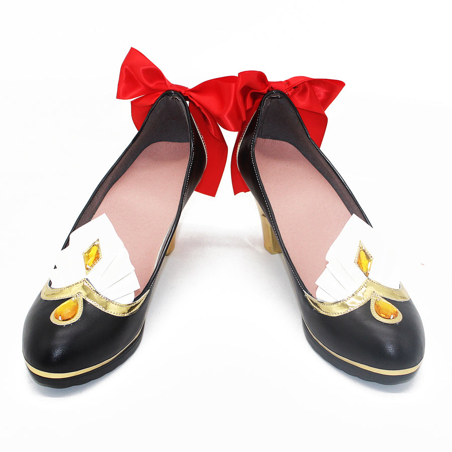 COSFUN Genshin Impact Marionette Sandrone cosplay shoes centers black heels with gold-tone accents white pleated details.