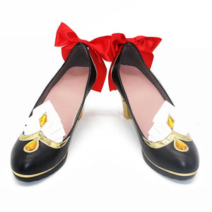 COSFUN Genshin Impact Marionette Sandrone cosplay shoes centers black heels with gold-tone accents white pleated details.