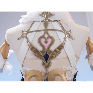 Genshin Impact Snezhnaya Odette cosplay back bodice detail anchors gold-tone lines around pink heart trim.