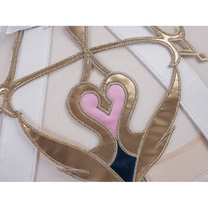Genshin Impact Snezhnaya Odette cosplay back trim close-up centers a pink heart under gold-tone lines.