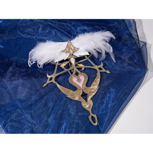 Genshin Impact Snezhnaya Odette cosplay back ornament flat lay combines feather trim and pink heart detailing.