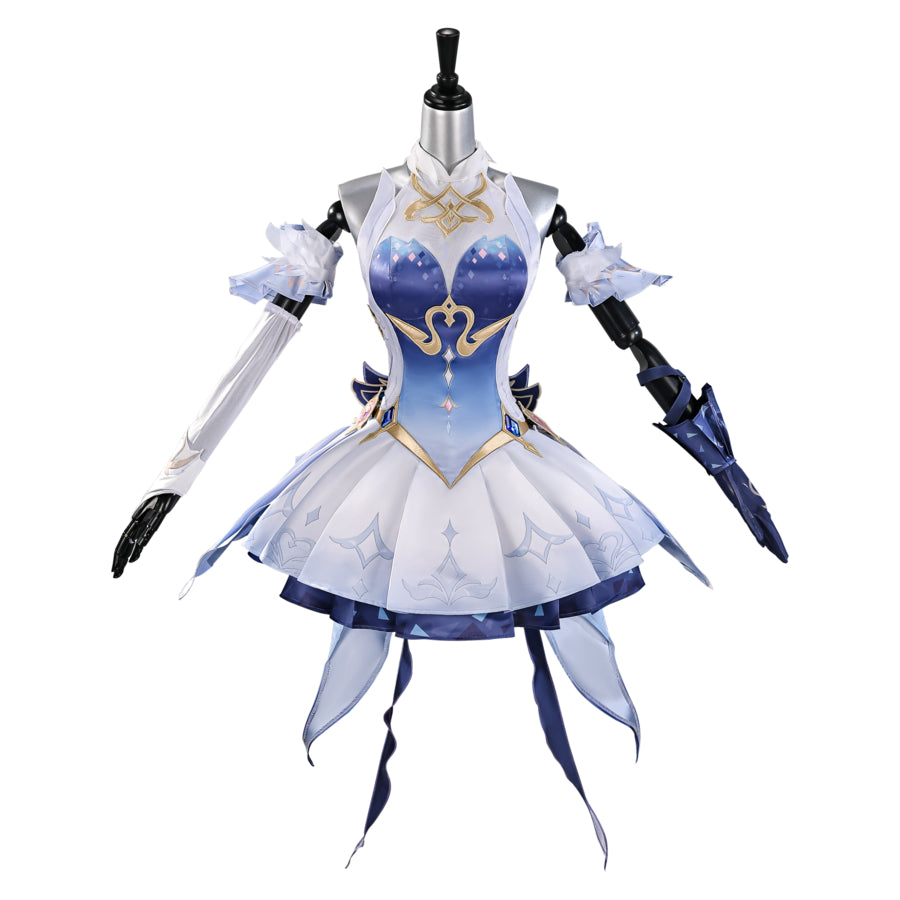 Genshin Impact Snezhnaya Odette cosplay costume front view sets gold-tone scrollwork over a blue bodice.
