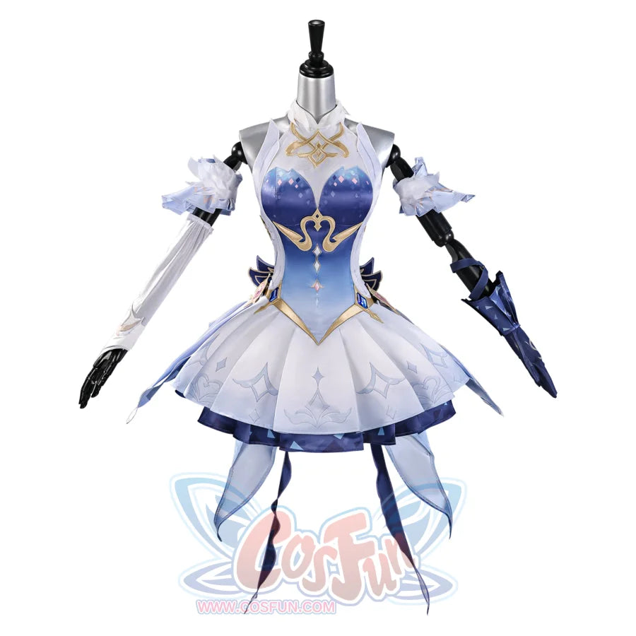 COSFUN Genshin Impact Snezhnaya Odette cosplay costume layers a blue bodice above a winged white skirt.