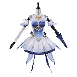 Genshin Impact Snezhnaya Odette cosplay costume front view sets gold-tone scrollwork over a blue bodice.