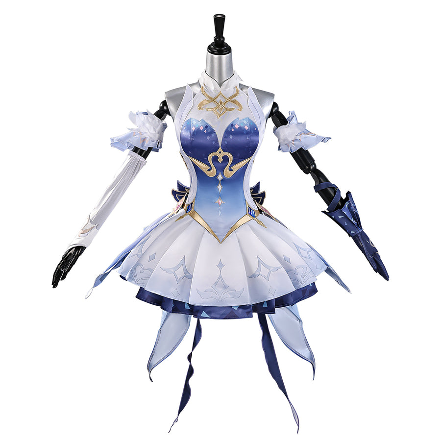 COSFUN Genshin Impact Snezhnaya Odette cosplay costume layers a blue bodice above a winged white skirt.