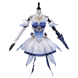 COSFUN Genshin Impact Snezhnaya Odette cosplay costume layers a blue bodice above a winged white skirt.