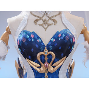 Genshin Impact Snezhnaya Odette cosplay bodice close-up centers blue panels under a gold-tone chest ornament.