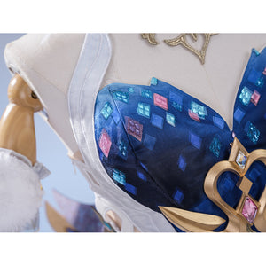 Genshin Impact Snezhnaya Odette cosplay bodice detail angles blue diamond print beside white collar panels.