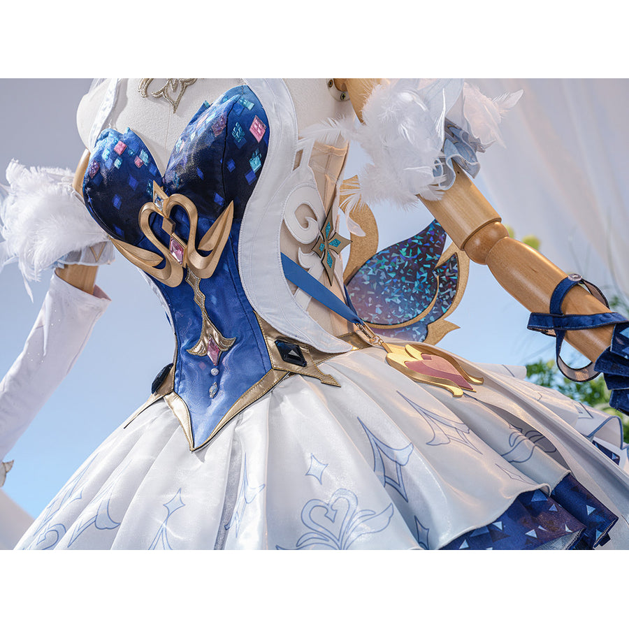 Genshin Impact Snezhnaya Odette cosplay waist view frames blue bodice points above printed skirt panels.