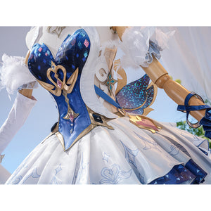 Genshin Impact Snezhnaya Odette cosplay waist view frames blue bodice points above printed skirt panels.