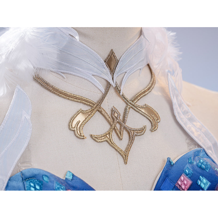Genshin Impact Snezhnaya Odette cosplay collar detail knots gold-tone embroidery above the blue bodice.