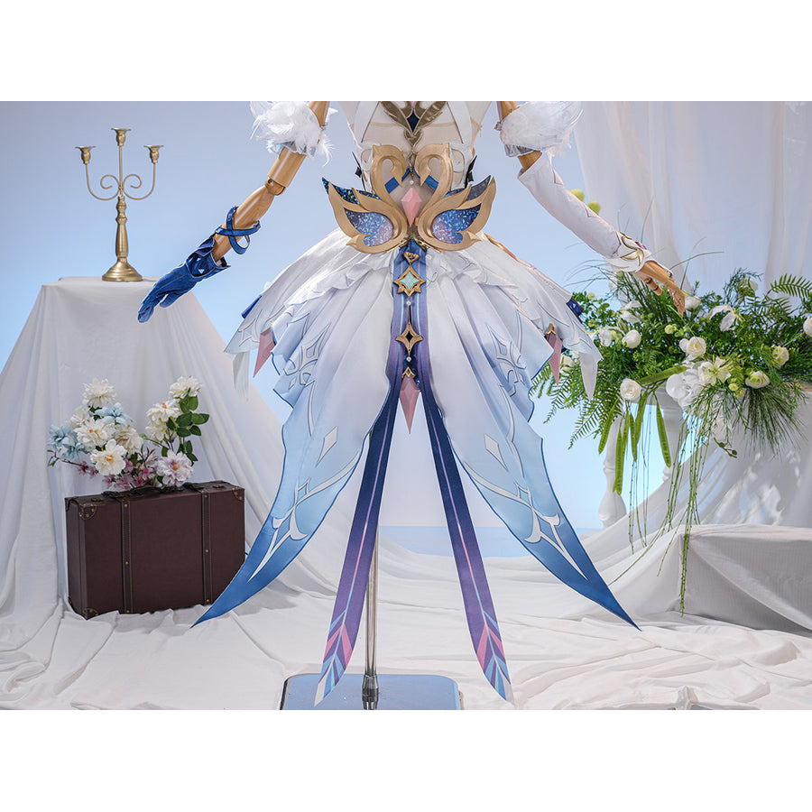 Genshin Impact Snezhnaya Odette cosplay costume back view drops long blue skirt tails behind the bodice.