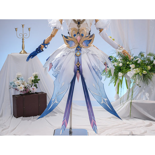Genshin Impact Snezhnaya Odette cosplay costume back view drops long blue skirt tails behind the bodice.