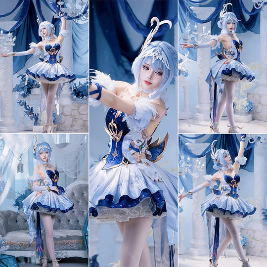 Genshin Impact Snezhnaya Odette cosplay costume gallery frames skirt volume and bodice detail.