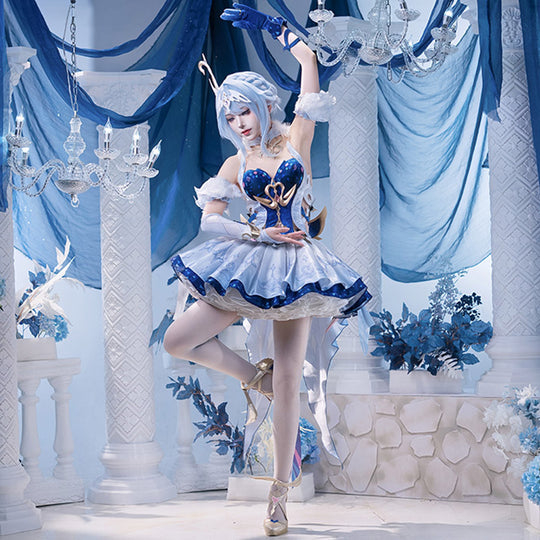 COSFUN Genshin Impact Snezhnaya Odette cosplay costume lifts a blue bodice over a flared white ballet skirt.