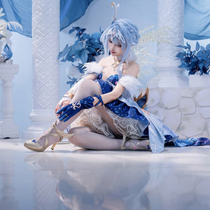 Genshin Impact Snezhnaya Odette cosplay costume settles into a seated view above matching heeled shoes.