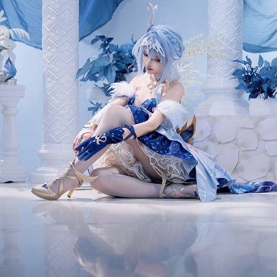 Genshin Impact Snezhnaya Odette cosplay costume settles into a seated view above matching heeled shoes.