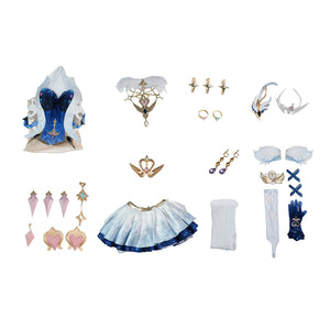 Genshin Impact Snezhnaya Odette cosplay costume set flat lay gathers the full blue and white outfit.